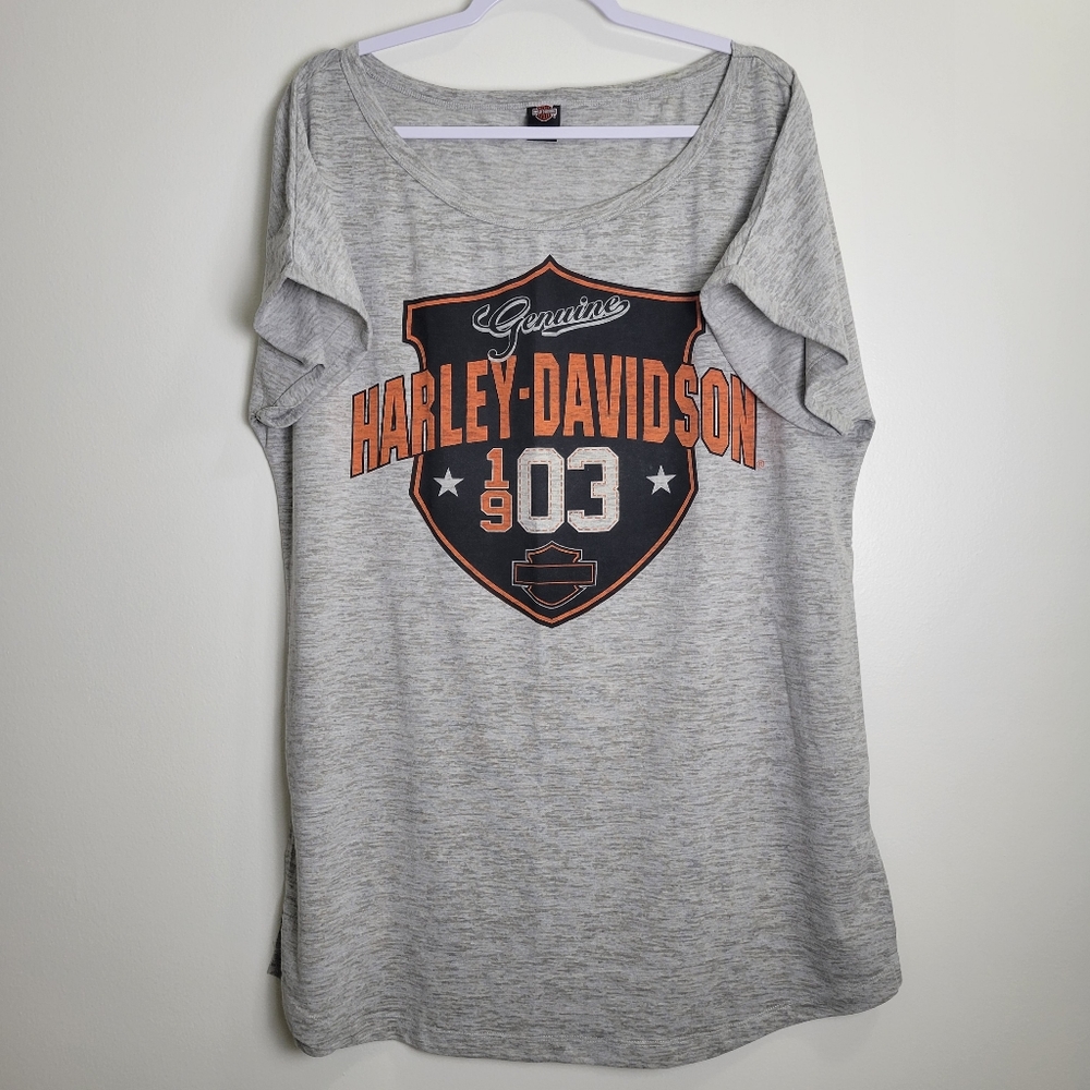 Harley Davidson Women Logo Graphic Long Length Grey T Shirts Top 2XL